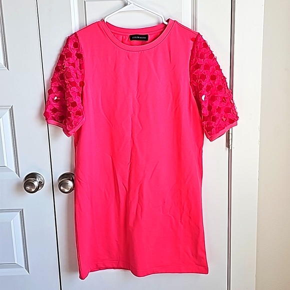 color myth Dresses & Skirts - Color Myth Hot Pink Dress With Sequins Sleeves in Women's Size Medium EUC